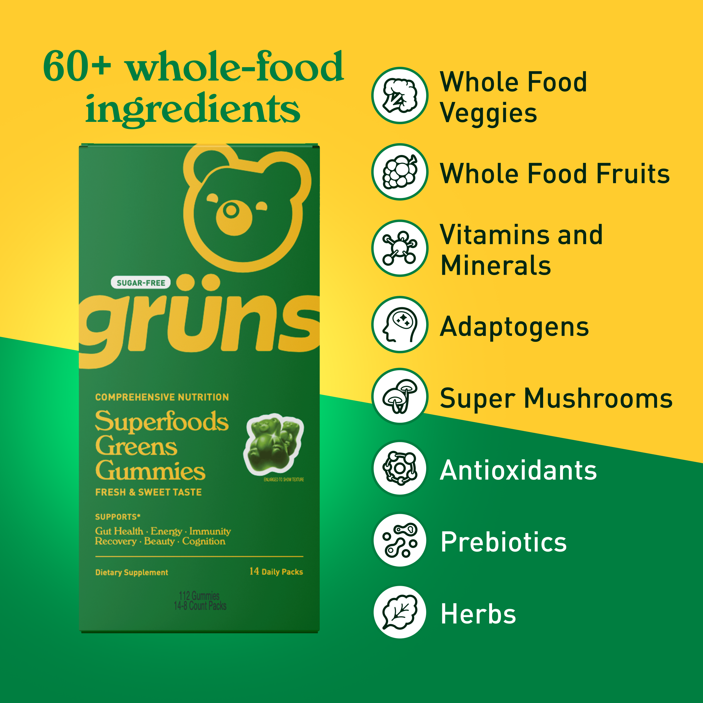 Grüns – wholesale Oralt tillskott/Vitamin – Grüns Vuxen Sockerfria Superfood Greens Gummies, 14 Portioner1
