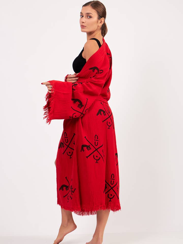 Kimono in mussola di cotone biologico turco con disegno primitivo Gobeklitepe per la vendita all'ingrosso da parte di Yaz Concepts