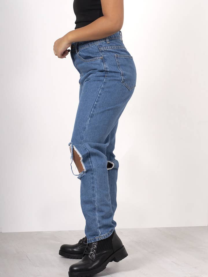 Mørkeblå MØRKEBLÅ ÅBNE RIVEDE KNÆ MOM JEANS for engroshandel på Faire
