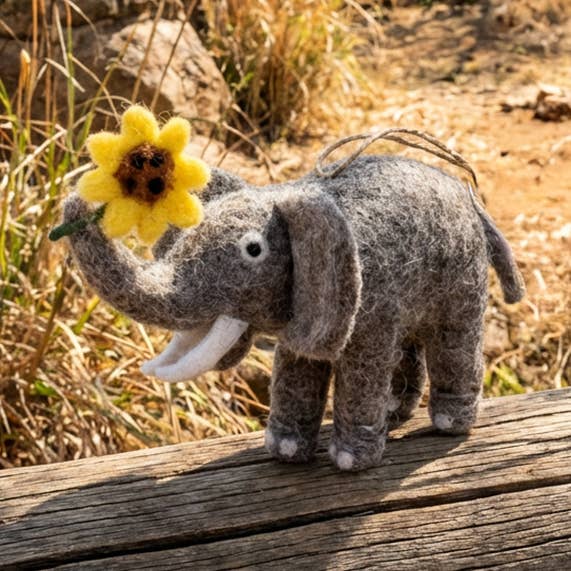 Handmade Felt Sidney the Sunflower Elephant Hanging Decor. for wholesale by Felt So Good