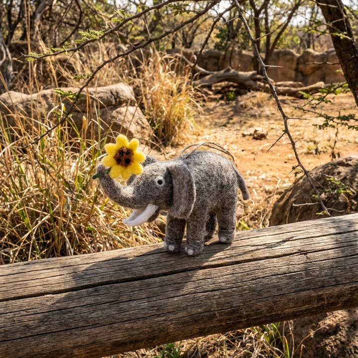 Handmade Felt Sidney the Sunflower Elephant Hanging Decor. for wholesale by Felt So Good