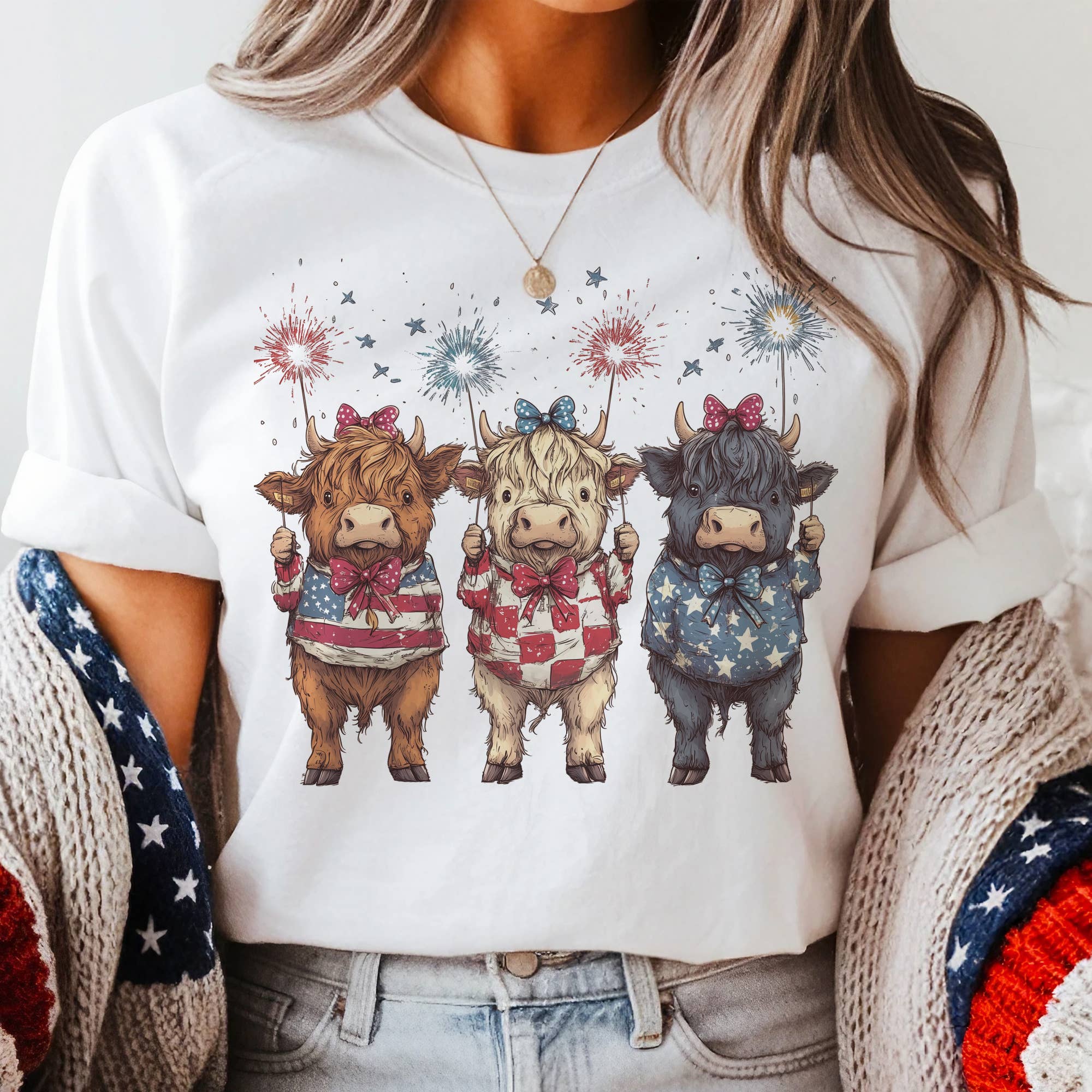 Par.tees by Party On! - Wholesale T-Shirt (Graphic) - Unisex - USA Highland Cow Trio Country 4th Patriotic Graphic Tee0