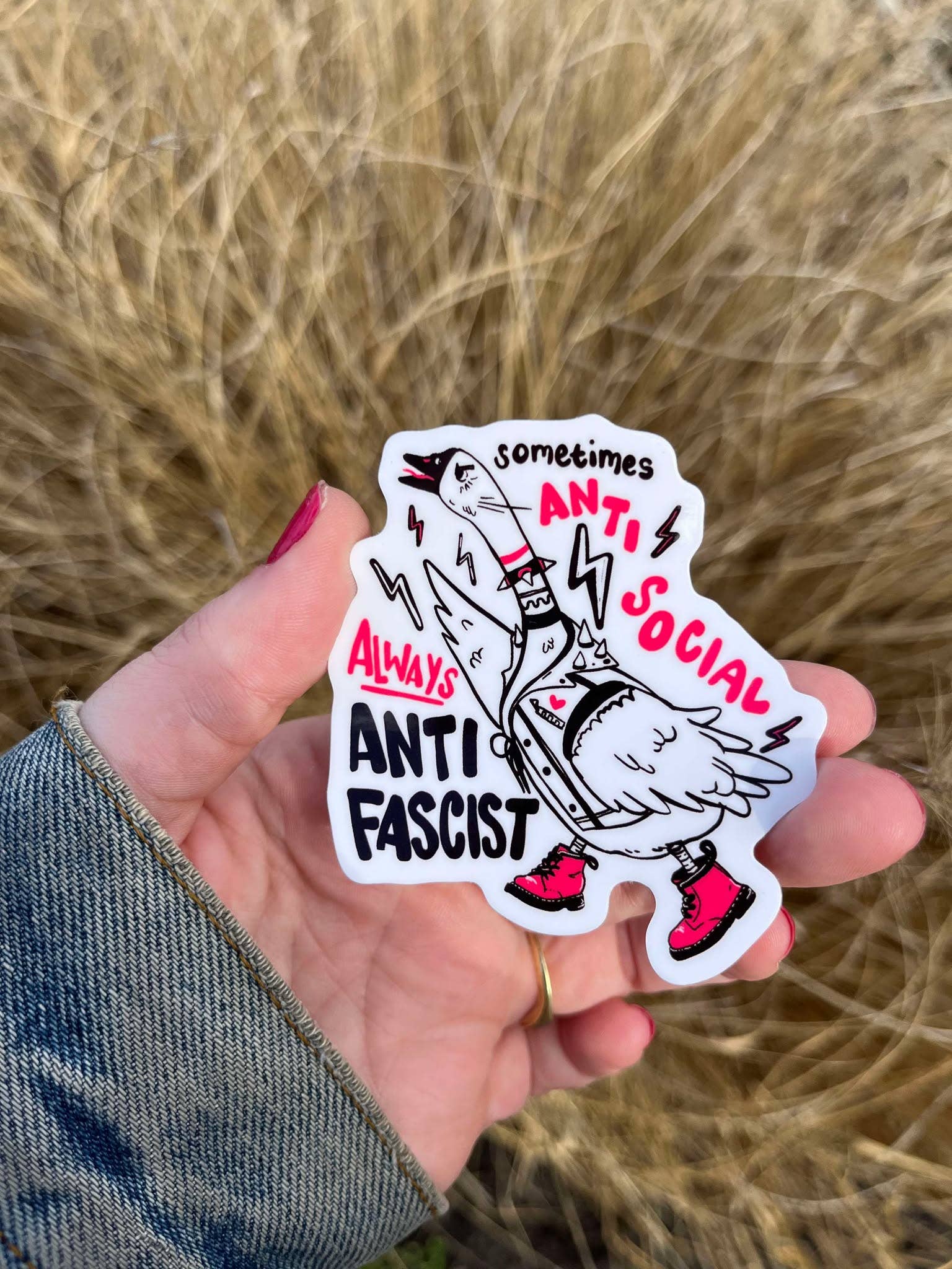 Liberal Jane Illustration - Wholesale Sticker - Sometimes Anti-Social, Always Anti-Fascist - Glossy Goose Sticker1