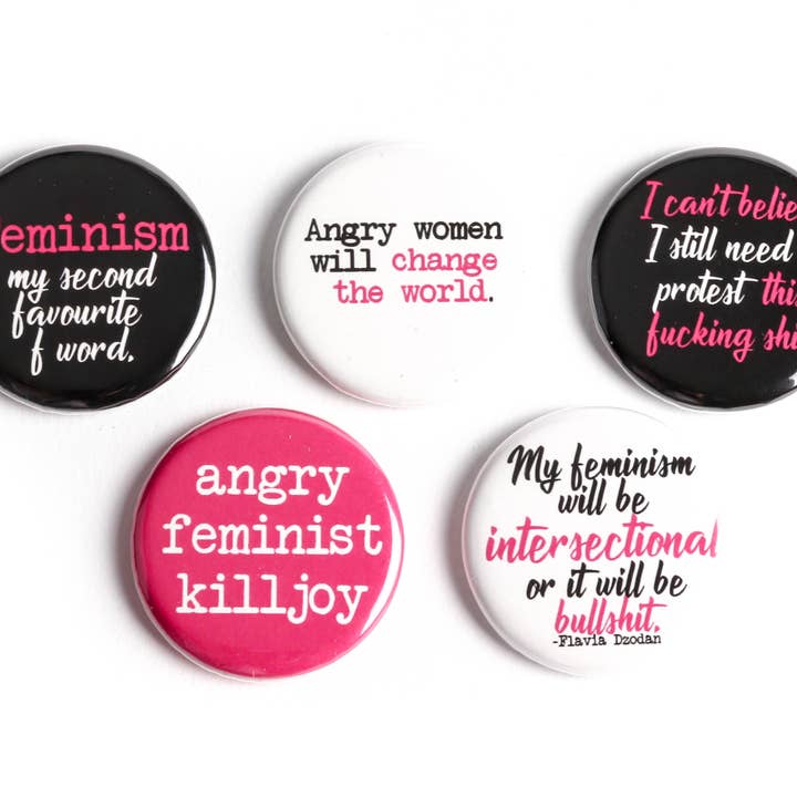 SET: Feminist Killjoy Feminist Pinback Buttons or Magnets for wholesale by Ifs, Ands, Or Buttons