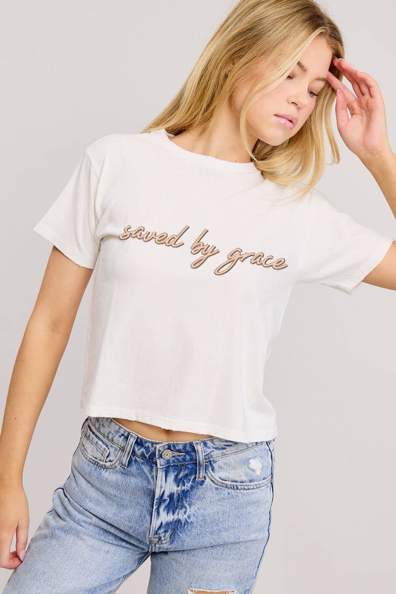 Zutter - Wholesale Screen Printed T-Shirt - Women's - PUFF' Saved By Grace Graphic S/S Seamless Faux Crop6