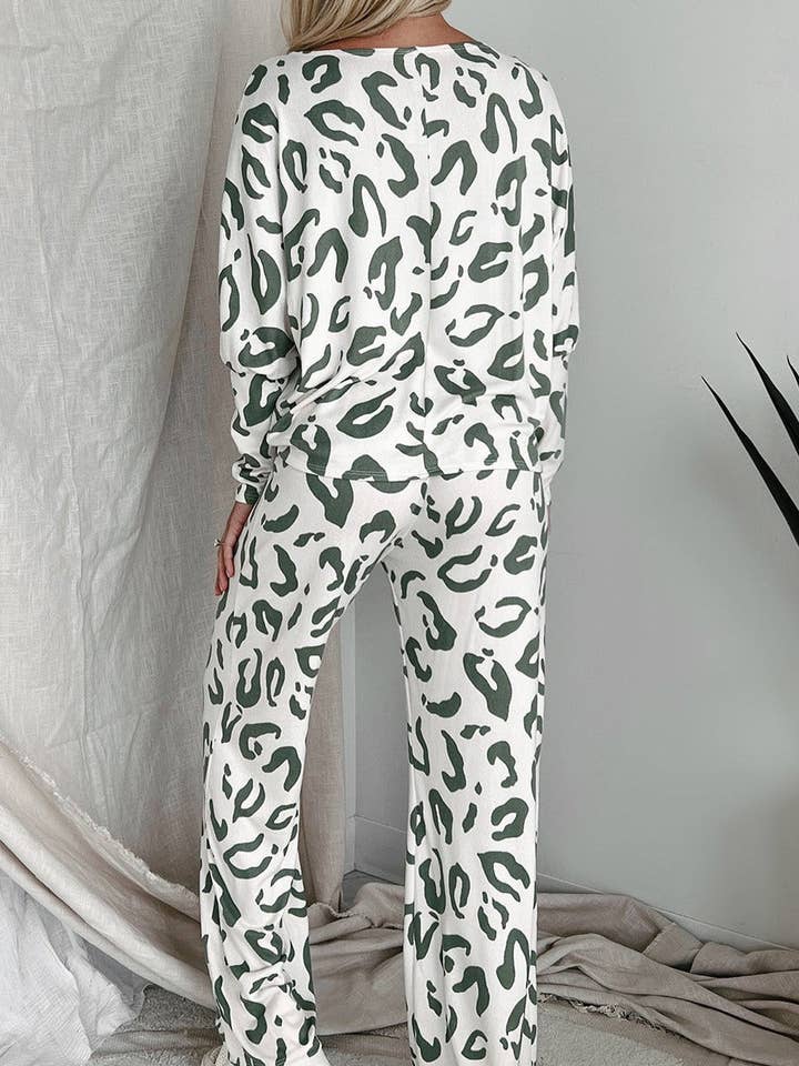 Beige Leopard Top and Pants Loungewear Set for wholesale on Faire
