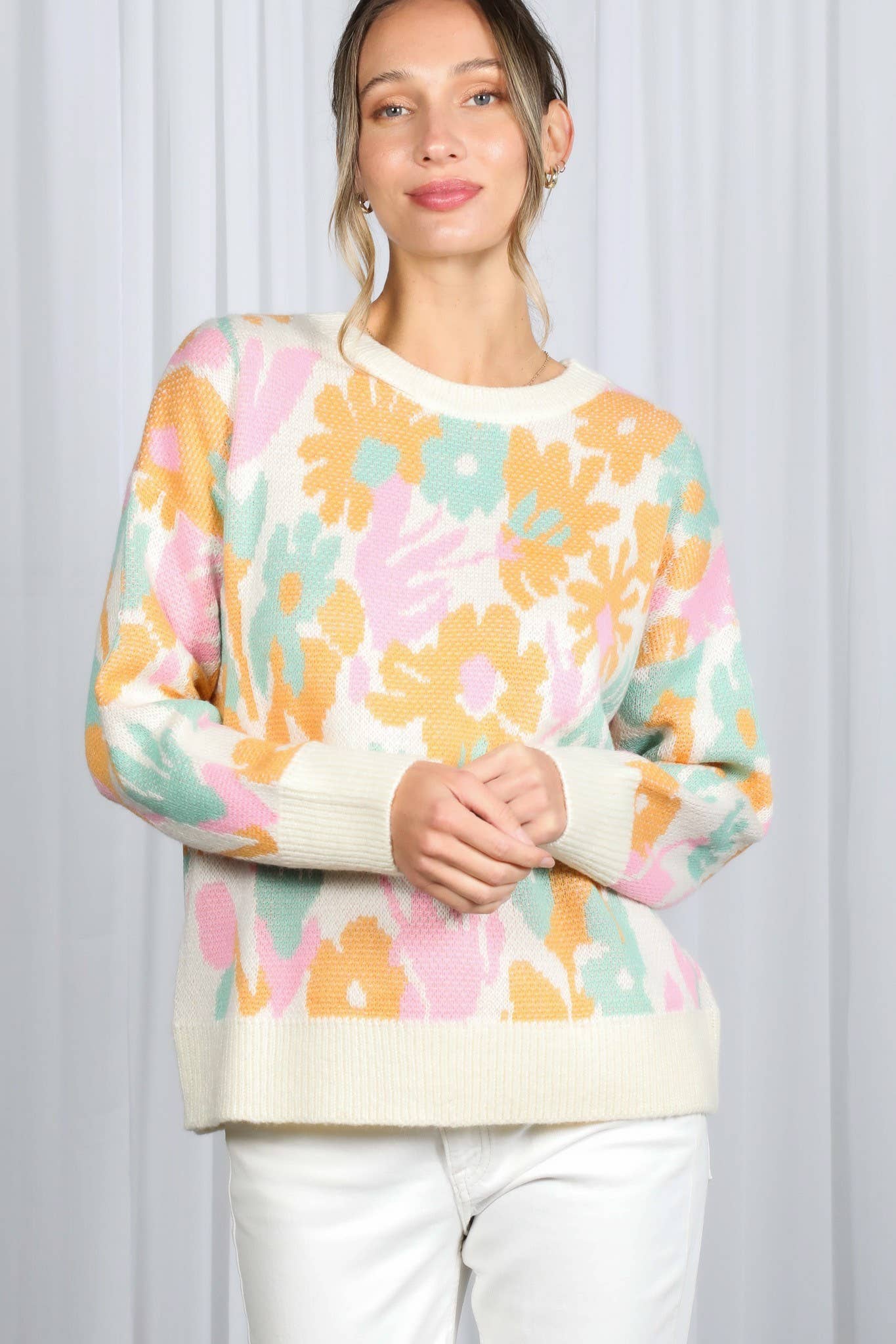 Cream Multi Floral Jacquard Knitted Sweater Top VT82628 for wholesale on Faire7