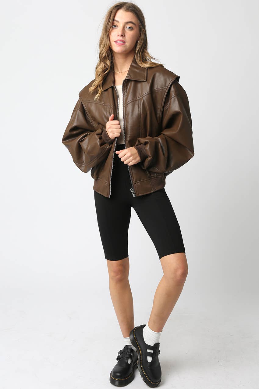Olivaceous - Wholesale Bomber Jacket - Women's - Kaylee Pu Bomber Jacket8