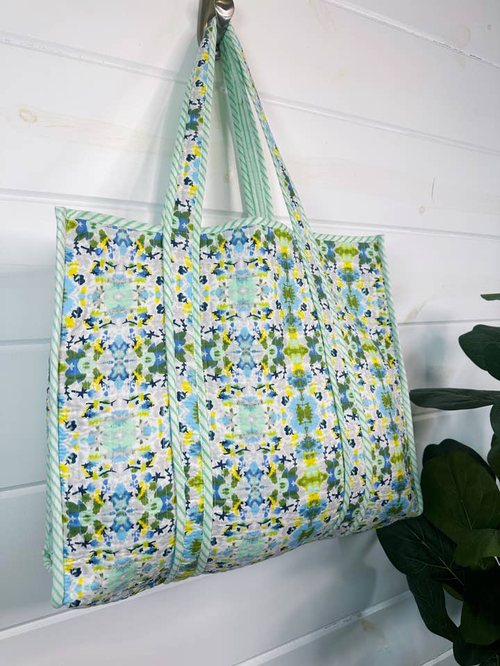Large Tote Bags | Handmade Quilted Tote | Aqua Tie Dye for wholesale by Folklore Couture