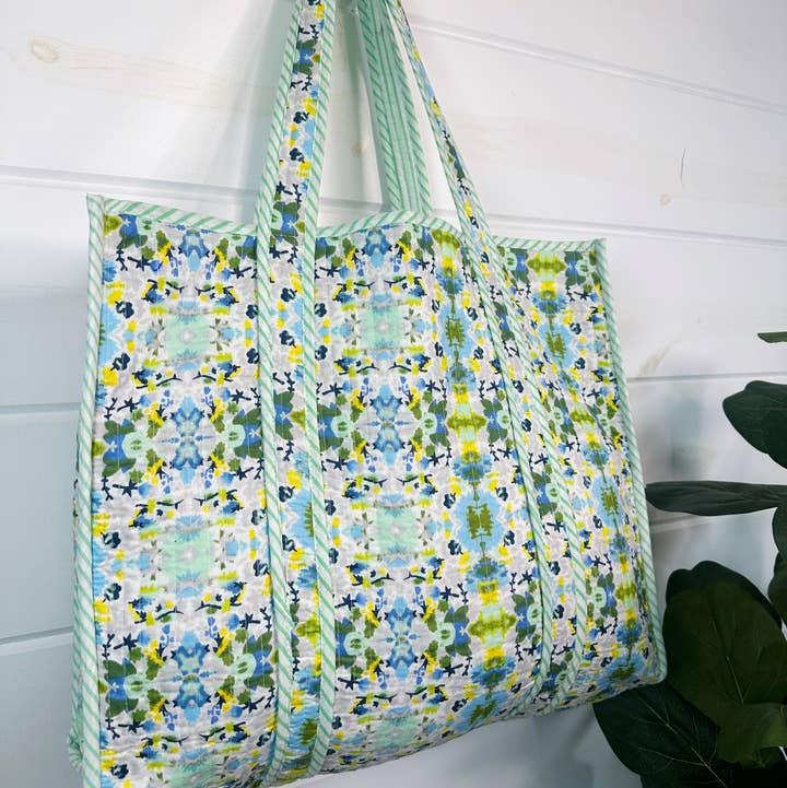 Folklore Couture - Wholesale Grocery/Shopping Bag - Large Tote Bags | Handmade Quilted Tote | Aqua Tie Dye