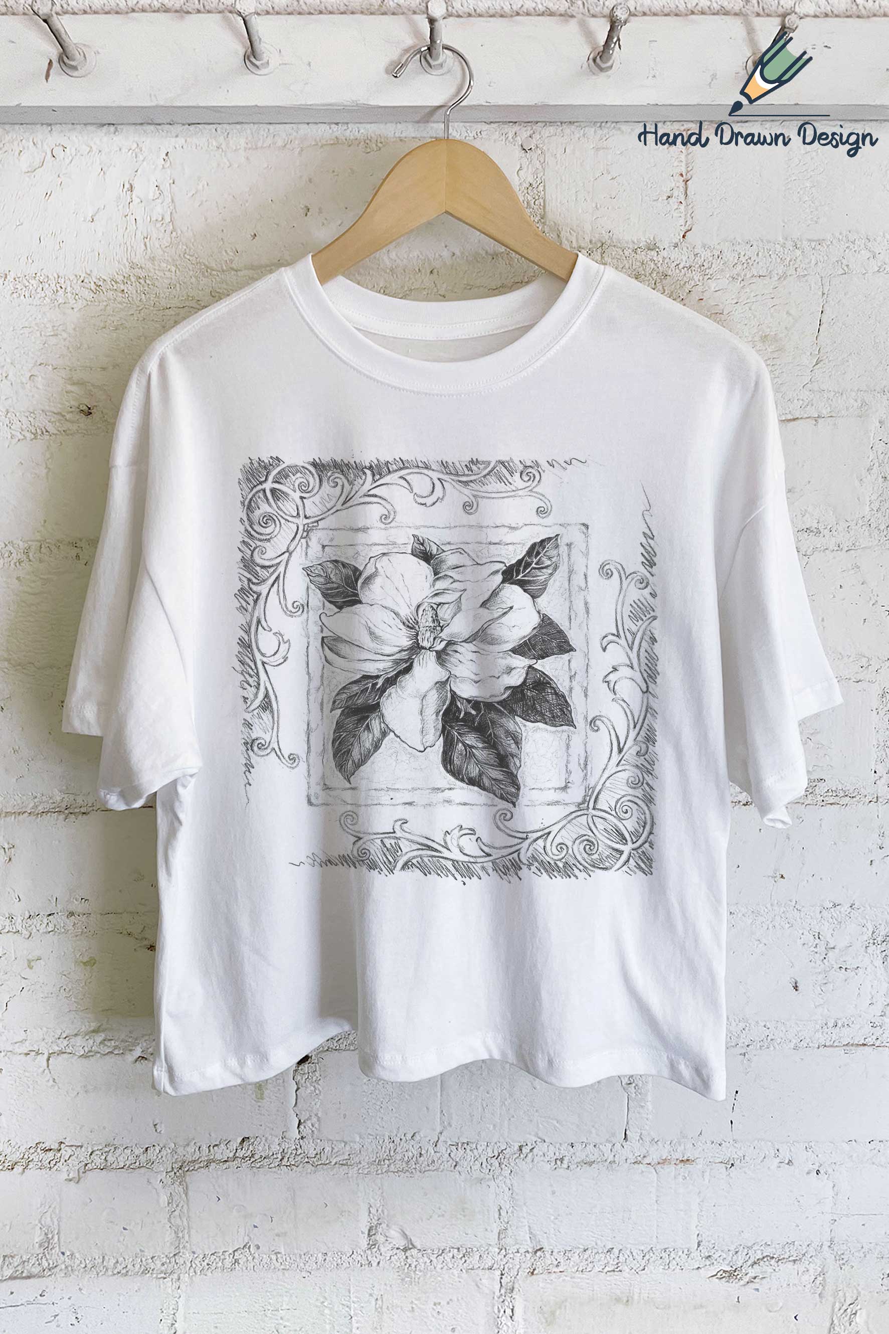 Rustee Clothing – Engroshandel T-shirt med print - Dame – MAGNOLIA BLOMST HÅNDTEGNET GRAFISK LANG AFGRØDE TOP7