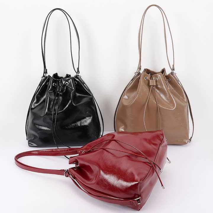 Patent Leather Drawstring Bucket Bag for wholesale by 3AM BY H&D ACCESSORIES