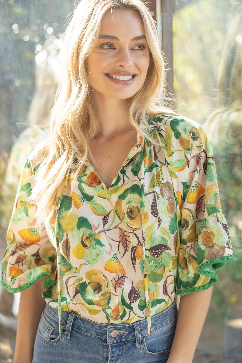 Green 35203 Fringe Detailed Loose Sleeve Floral Print Top for wholesale on Faire9