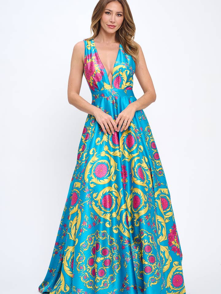 Elena Plunging Neckline Satin Floral Turquoise Multi Maxi Gown with Pockets for wholesale by Pinup Couture