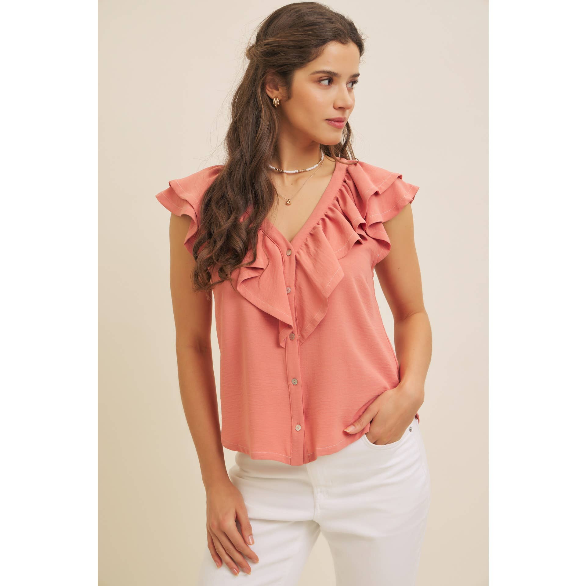 in february - Wholesale Blouse - Women's - RUFFLE BLOUSE TOP WITH BUTTON-DOWN FRONT AND CONTRAST STITCH4