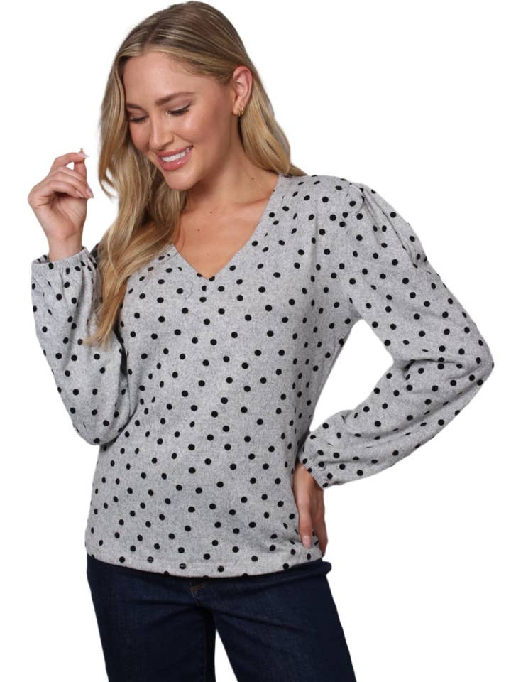 Women's Long Sleeve V-Neck Polka Dot Blouse Top for wholesale by Good Stuff Apparel