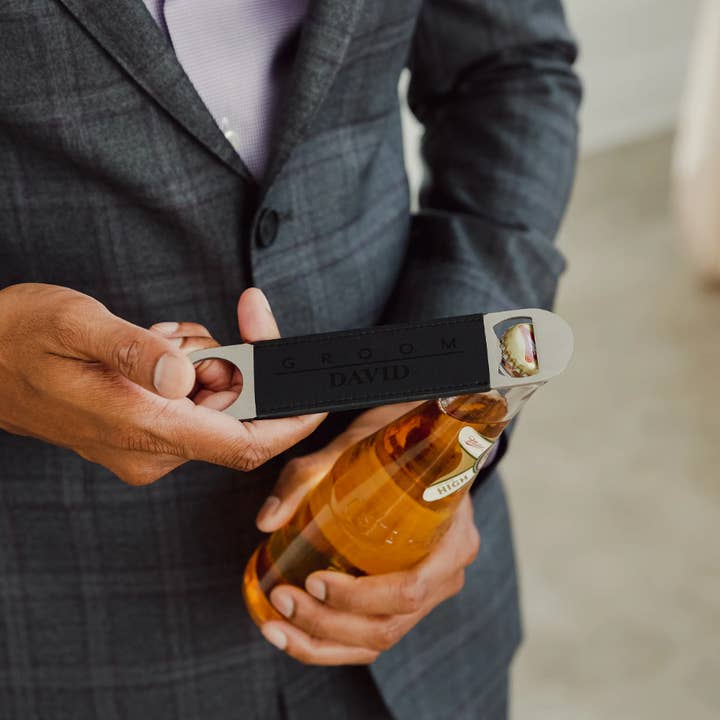 Weddingstar Inc. - Wholesale Bottle/wine opener - Leather Wrapped Bar Blade Bottle Opener - Groom1