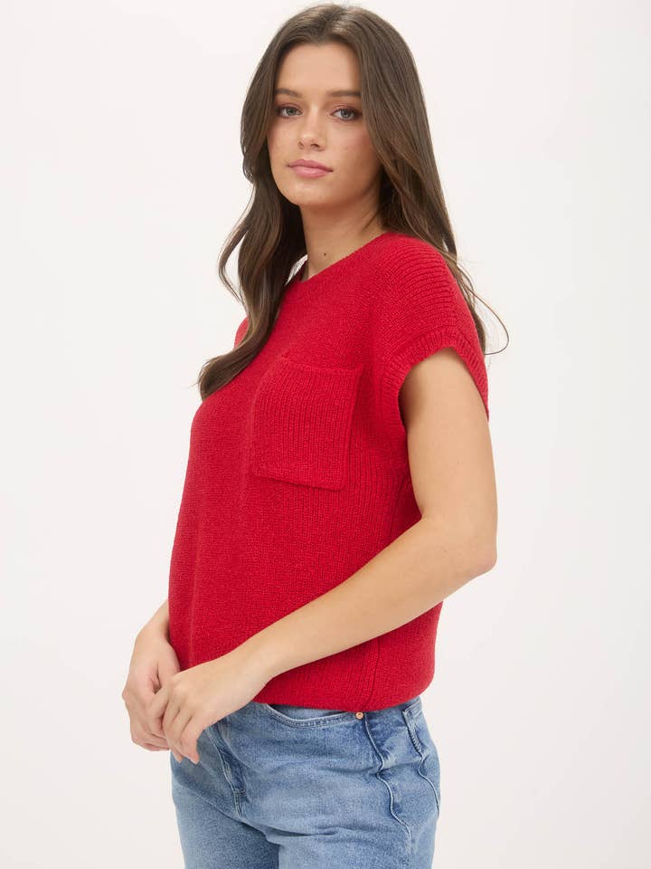 Blu Pepper - Wholesale Knit Sweater - Women's - CREWNECK SHORT SLEEVE BATWING SWEATER WITH POCKET