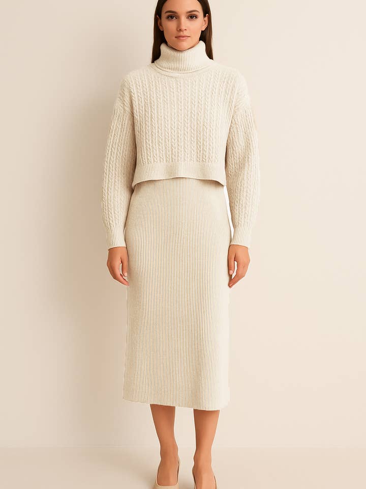 ROLL NECK CABLE KNIT JUMPER OVER VERTICAL RIBBED DRESS IN MA for wholesale by Lucy Sparks