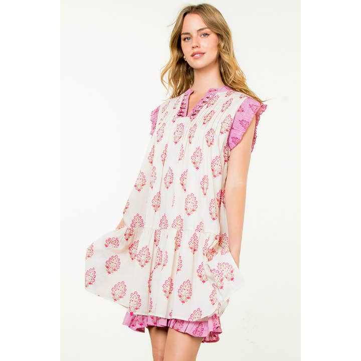 CREAM Sleeveless Pintuck Floral Print Dress for wholesale on Faire