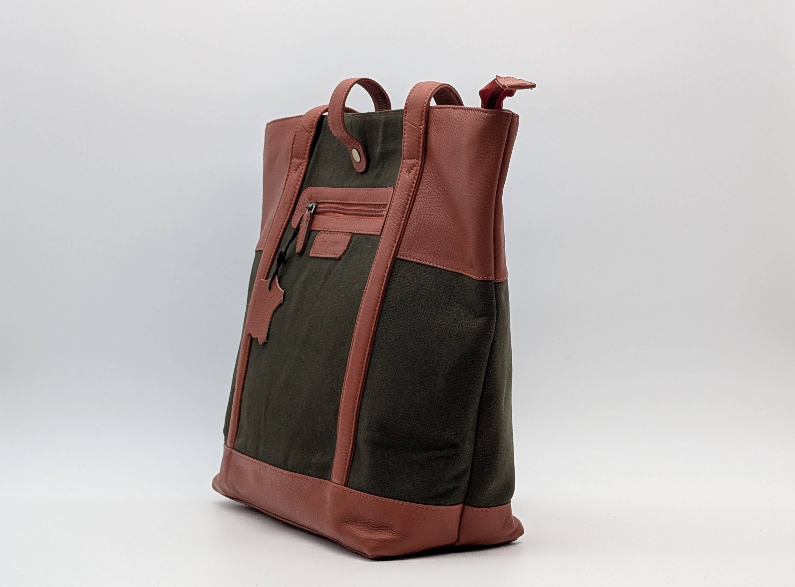 Alta Quero - Wholesale Tote Bag - Women's - Genuine Leather & Canvas Tote Bag – Green Brown Laptop & Tab5