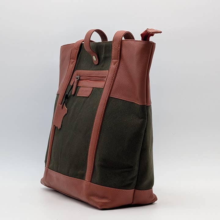 Alta Quero - Wholesale Tote Bag - Women's - Genuine Leather & Canvas Tote Bag – Green Brown Laptop & Tab5