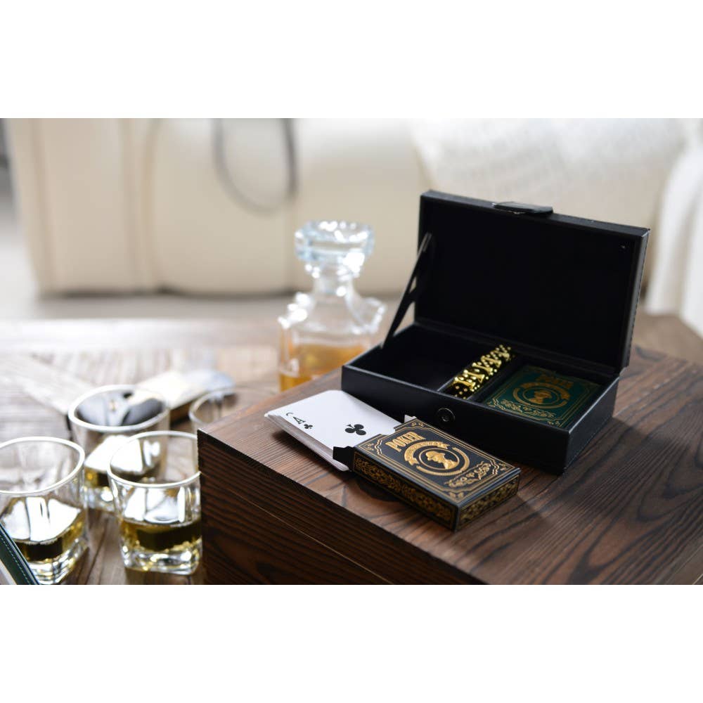 AULICA - Wholesale Playing Cards - 2 poker sets and 5 golden dice in a black faux leather case3