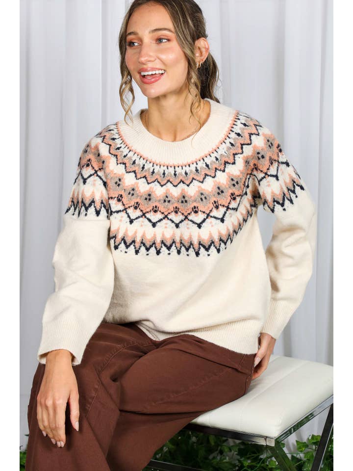 Cream Multi Fair Isle Embellished Pullover Knitted Sweater VT82602 for wholesale on Faire10