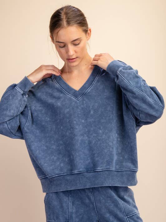 T389937 FRENCH TERRY MINERAL WASHED V-NECK PULLOVER for wholesale by Sunday Morning