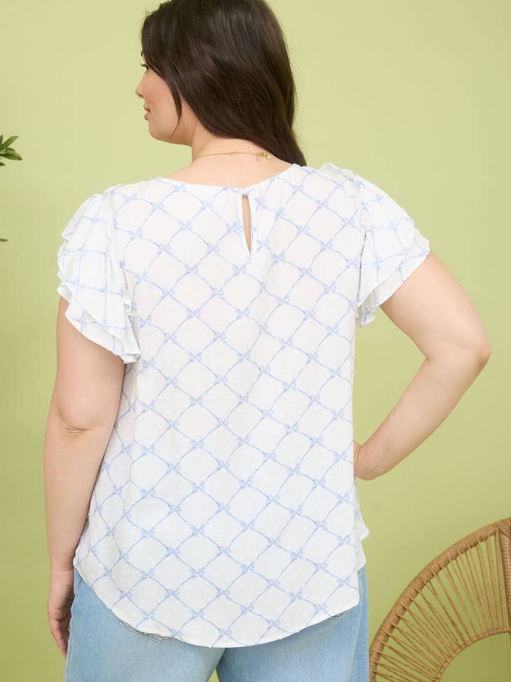 Blu Pepper - Wholesale Blouse - Women's - PLUS BOW CLIP DOT PATTERN RUFFLE SLEEVE BLOUSE 1