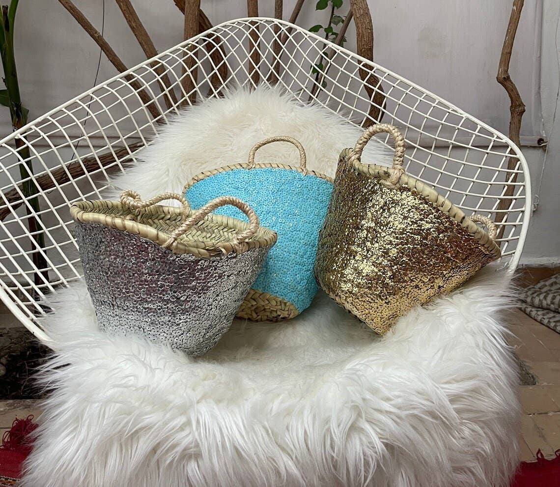 Melecraft - Venta al por mayor Bolsa de playa - French Market Tote | Bolsa tipo cesta de paja con lentejuelas brillantes1