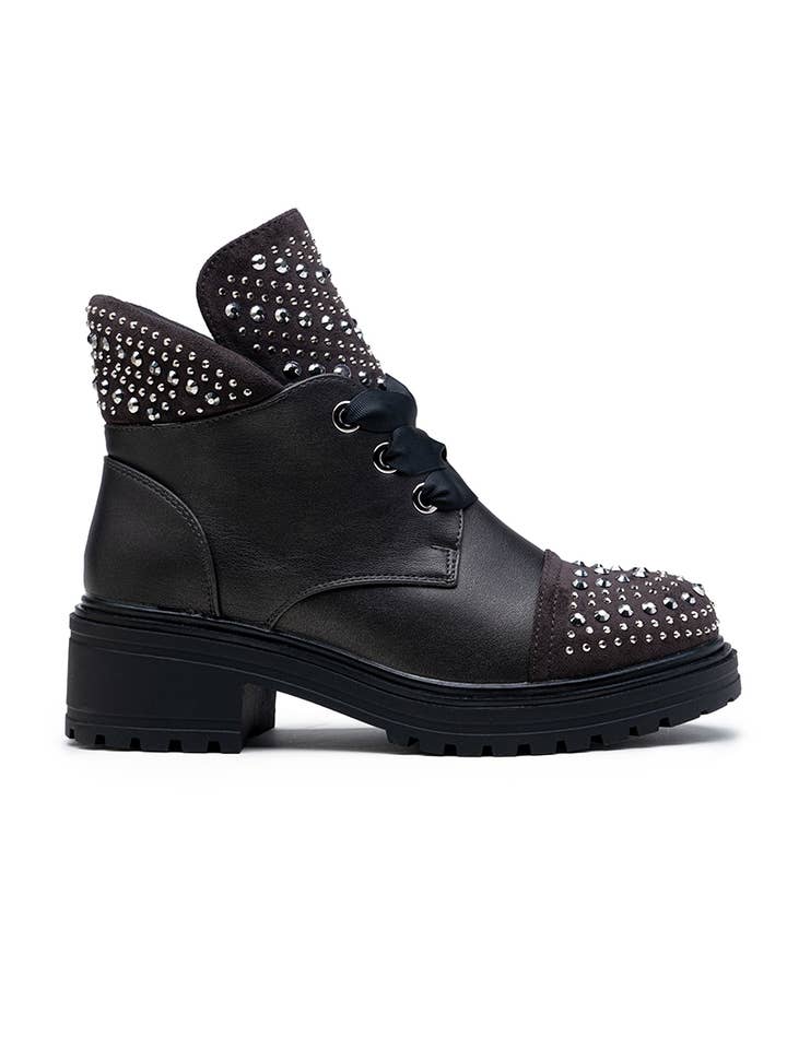LADY GLORY - Wholesale Combat/Military Boots - Women's - Faux leather ankle boots with rhinestones1