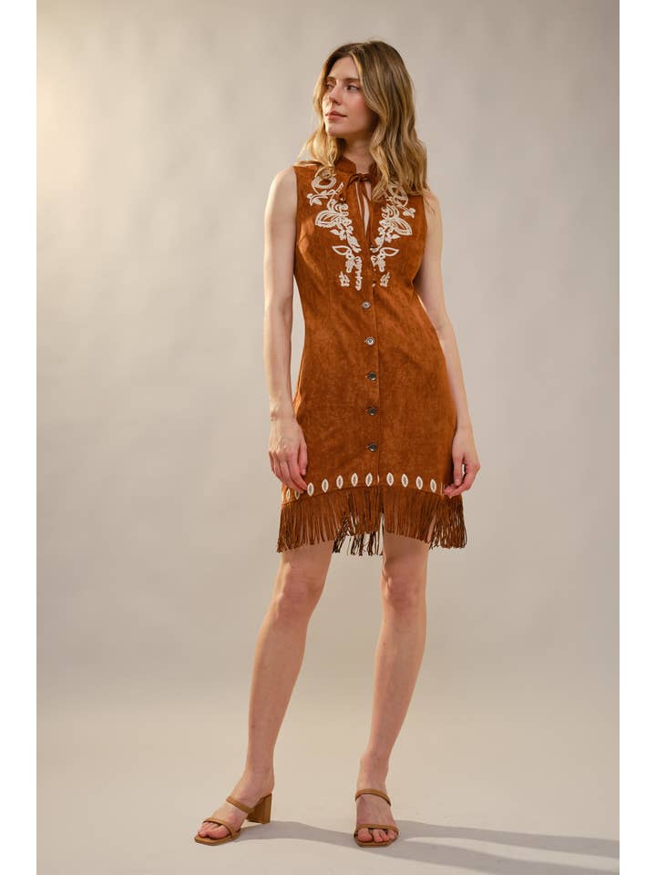 BROWN 99655D Embroidered Suede Fringe Dress for wholesale on Faire5