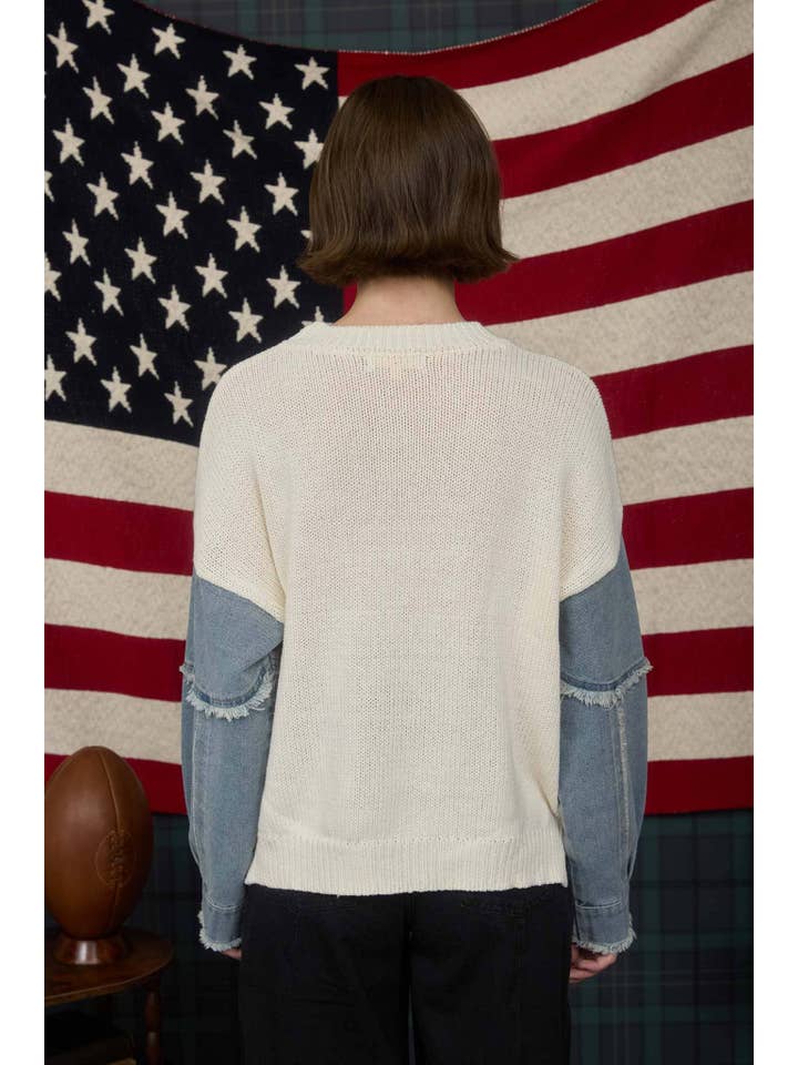 J.O.A - Wholesale Knit Sweater - Women's - AMERICAN FLAG DISTRESSED DENIM SLEEVE KNIT SWEATER7