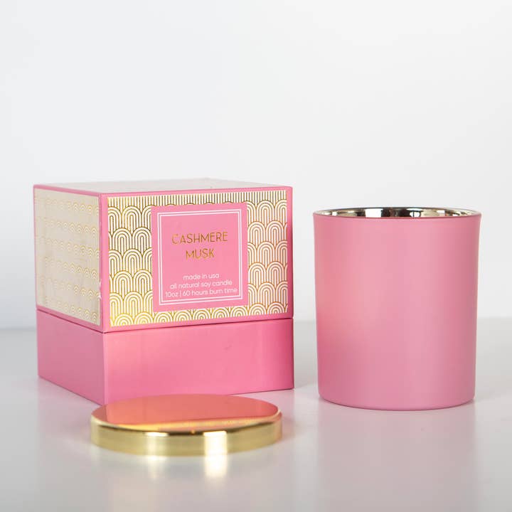 Mod Lounge Paper Company - Wholesale Jar/Filled Candle - Pink and Gold Cashmere Musk Mid Century Foil Boxed Candle