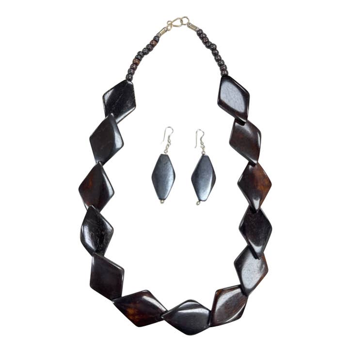 Rhombus Cut Buffalo Bone Statement Necklace & Earring Set for wholesale by Treasure Jewelry