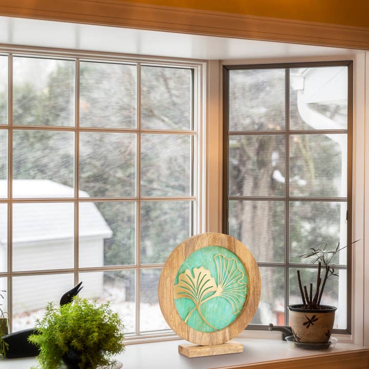 River of Goods - Wholesale Decorative Tabletop Object - 14"W Gingko Decorative Stained Glass Stand Wood Frame