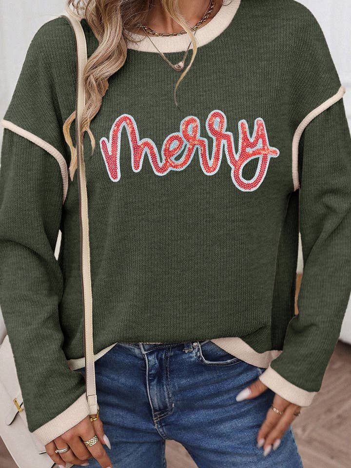 Four Leaf Clover Merry Patched Graphic Contrast Trim Christmas Knitted Long Sleeve Top for wholesale on Faire2