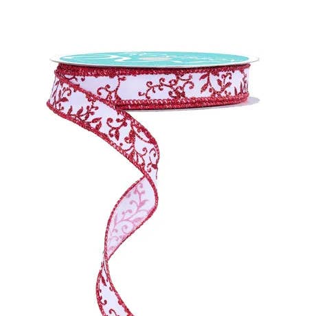 General Wholesale Inc - Wholesale Ribbon - Gift Wrapping - 5/8" x 10yd Glitter Mini Leaf Vines-White/Red-RGF1393670