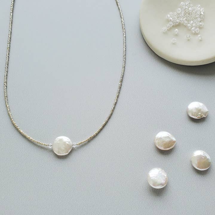 Coin Pearl Silver Beaded Necklace for wholesale by Carrie Whelan Designs