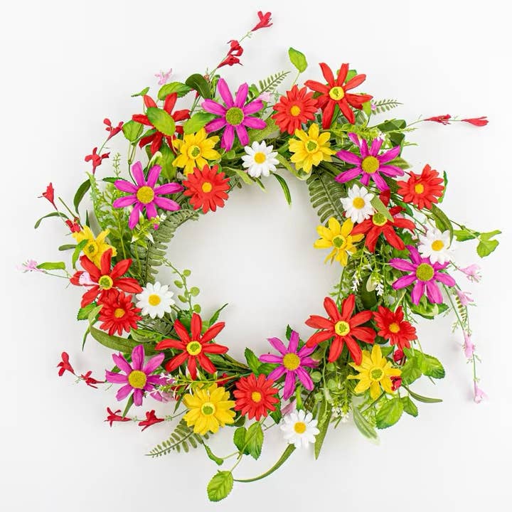 Daisy Wreath w/ Mixed Leaves – 20" Dia, Red, Yellow, Pink for wholesale by KMI International Corp.
