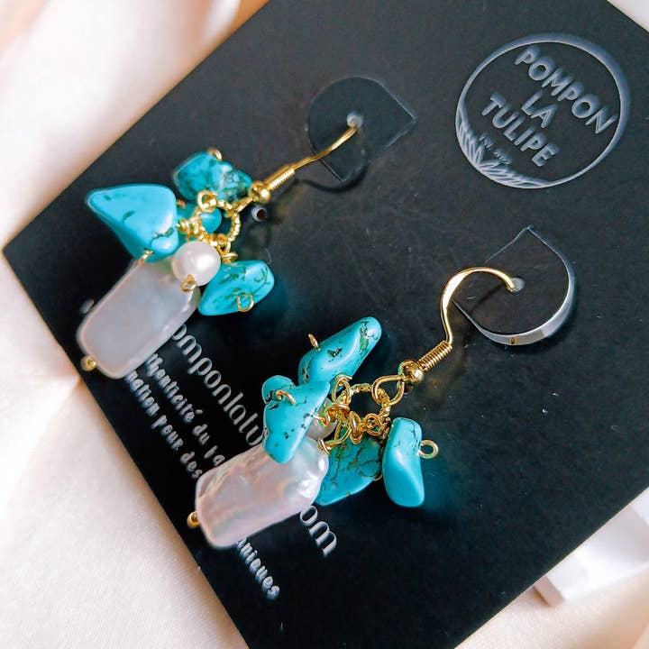 Turquoise en Barokke Parel Oorbellen Bloem voor wholesale door Pompon La Tulipe