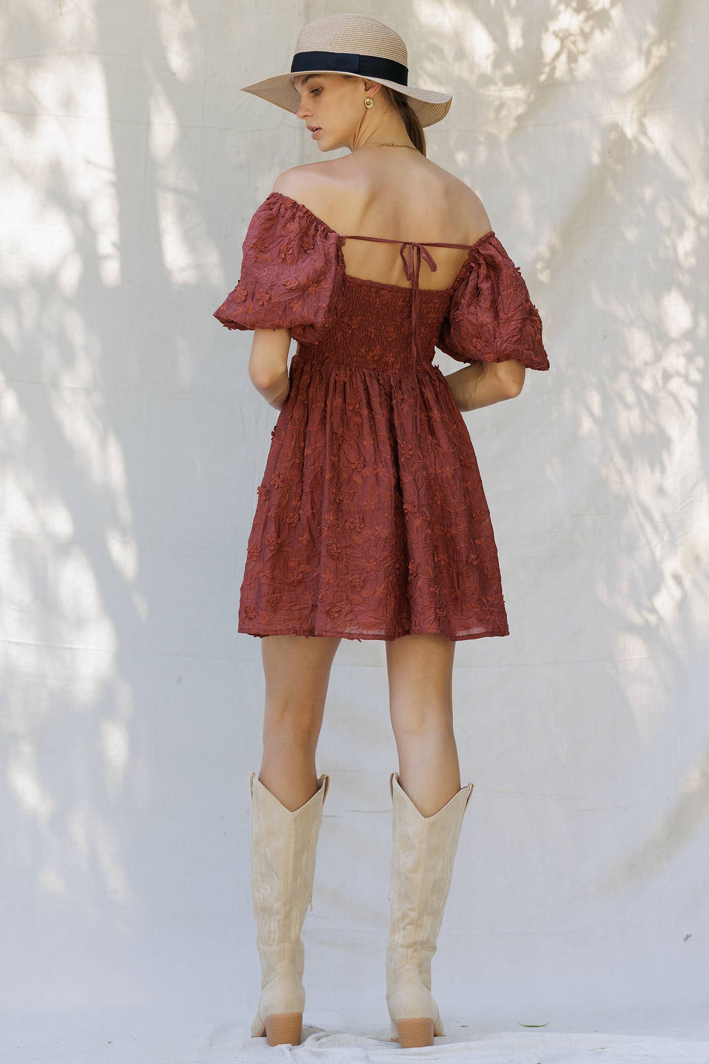 RUST YD5019 Embroidered Puff Sleeve Off-Shoulder Mini Dress for wholesale on Faire3