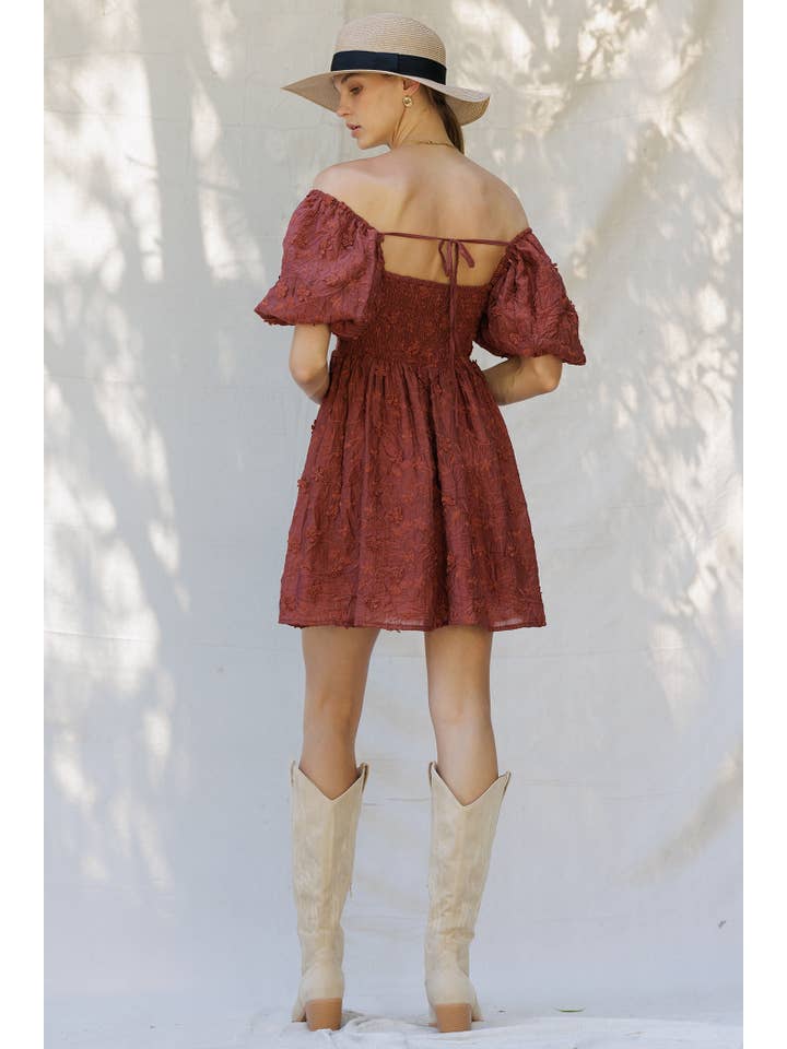 RUST YD5019 Embroidered Puff Sleeve Off-Shoulder Mini Dress for wholesale on Faire3