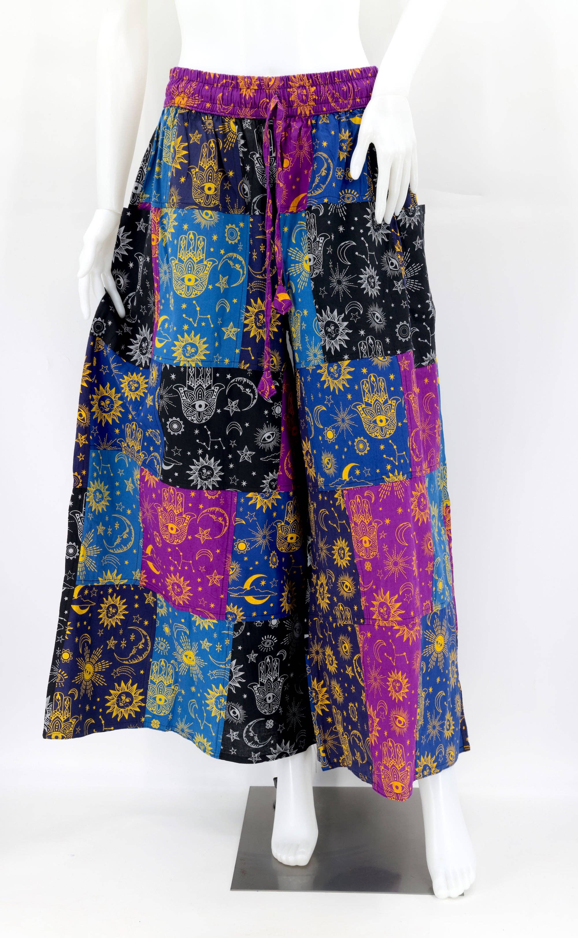 Himalaya Handmade - Vendita all'ingrosso Pantalone - Donna - Pantaloni Bohemien a Gamba Larga in Cotone Hippie Fatti a Mano con Stampa Celestiale Patchwork6