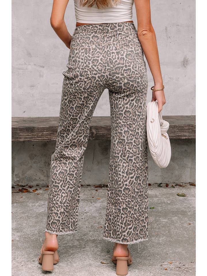 Brown Leopard Frayed Edge Wide Leg Jeans for wholesale on Faire1