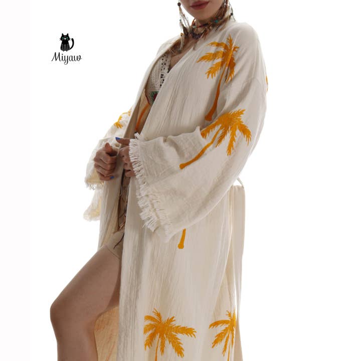 Pure & Chic, LLC - Miyawfashion - Vente Peignoir – femme - Kimono robe de plage bohème en coton biologique avec tampon palmier, fait main1
