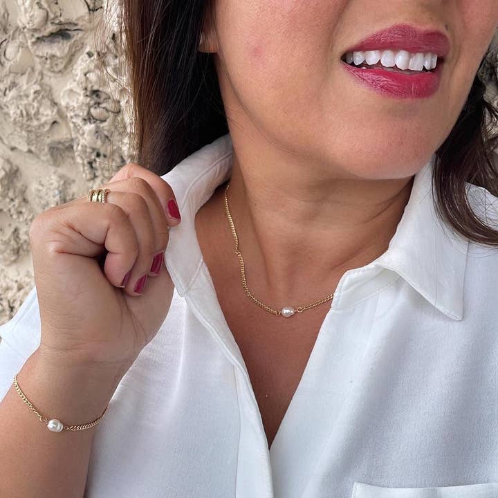 Milie Jewels – wholesale Smycken – 18k guldpläterad kubansk länk kedja, pärlhalsband & armband