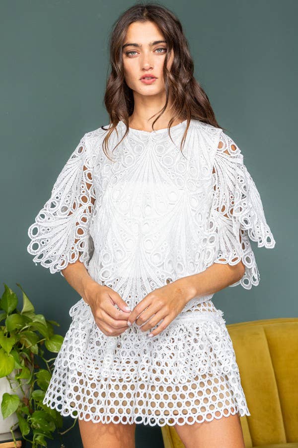 White IS5384 Hollow Out Ruffled Flare Mini Skirt With Lining for wholesale on Faire9