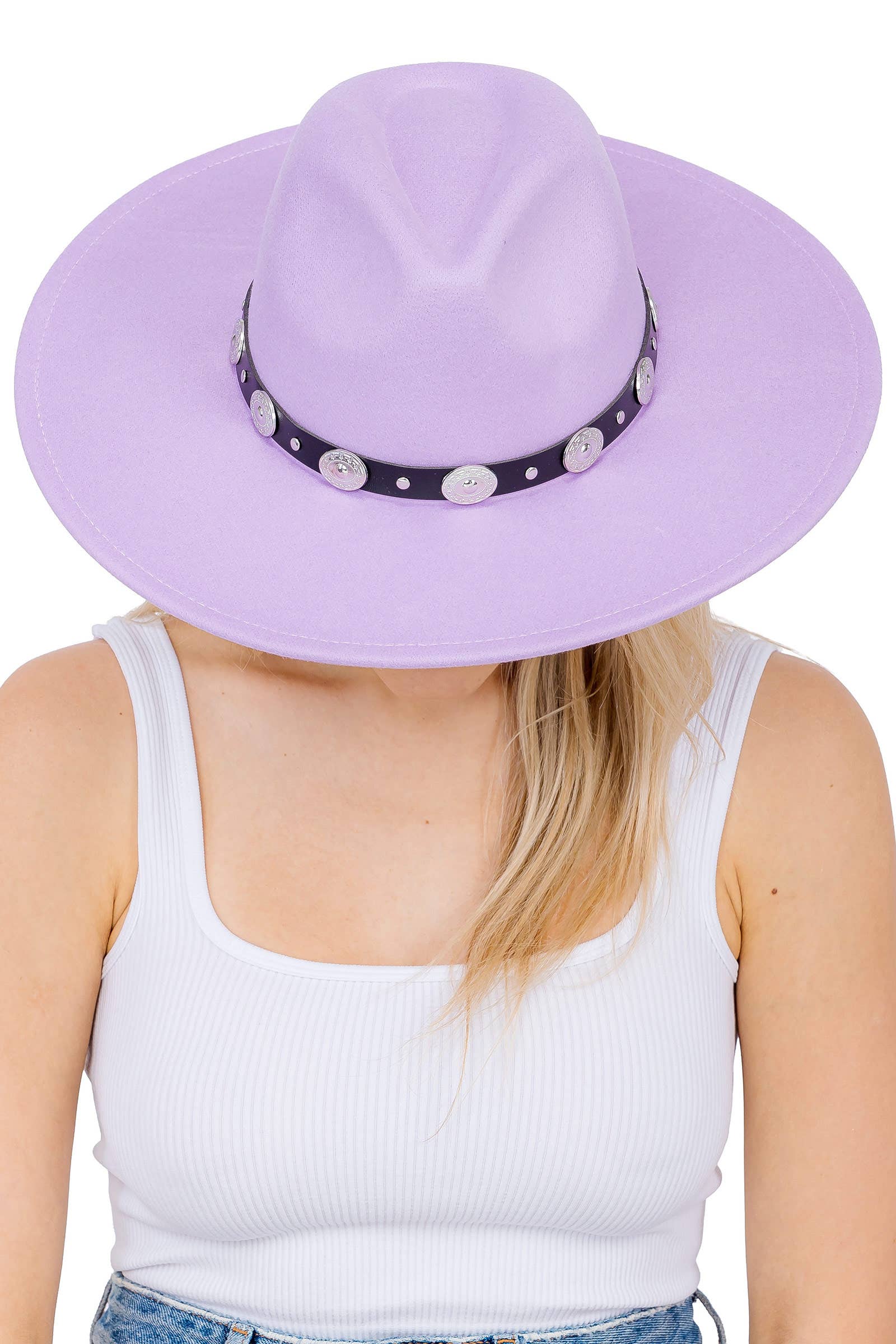 Cap Zone – wholesale Fedora – Women’s – Concho Belt Wide Flat Brim Felt Rancher Hat24